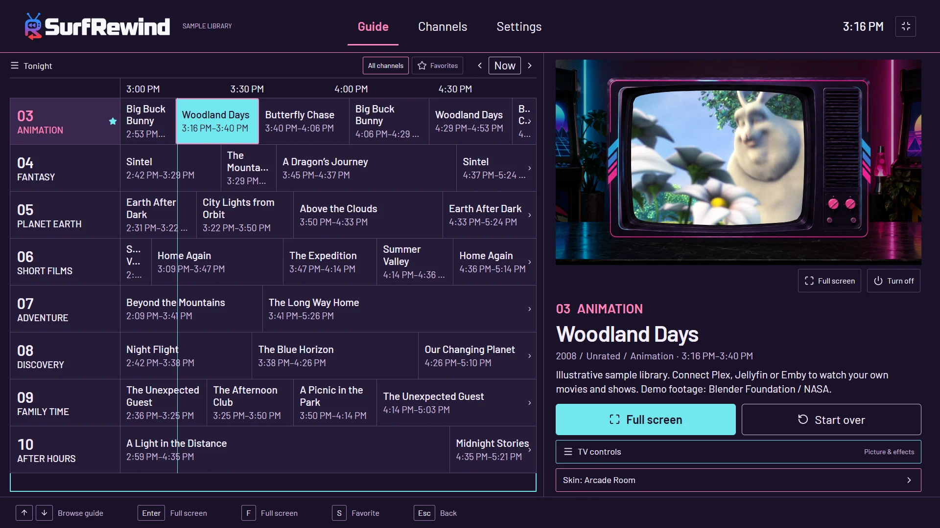 SurfRewind's program guide in the Arcade Room look, as it appears on a television