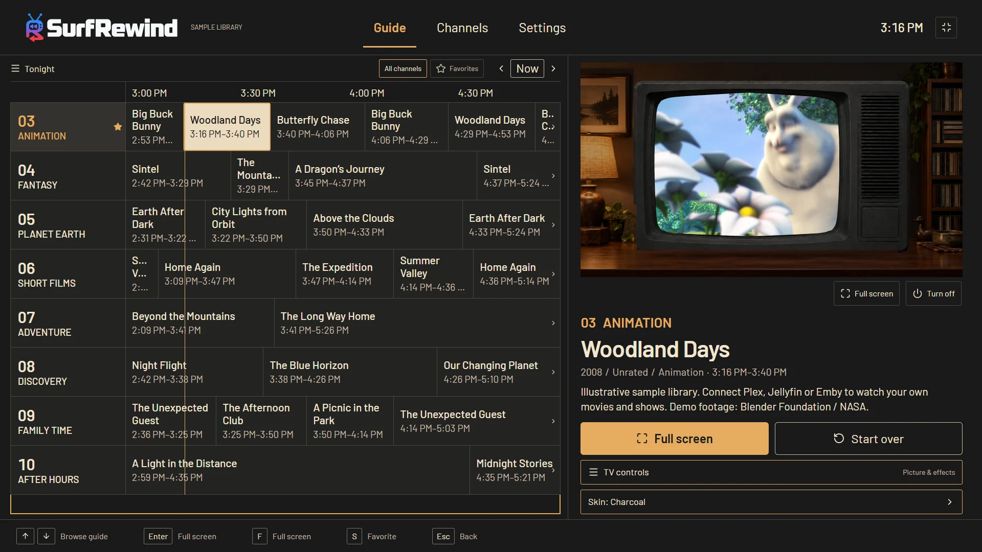 SurfRewind's Charcoal guide and TV cabinet. Warm cream and amber, with a familiar tube TV.