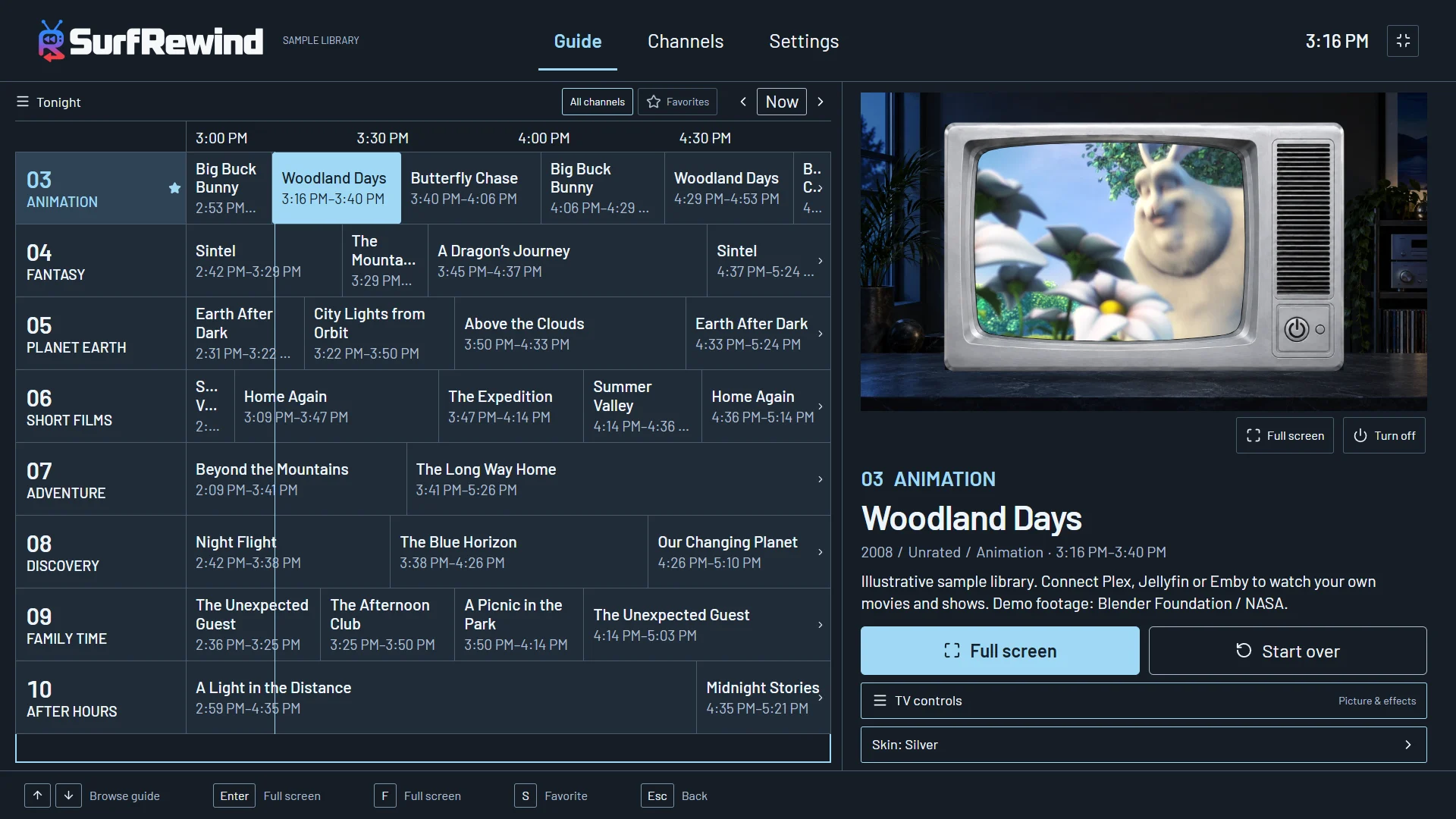 SurfRewind's program guide in the Silver look, with channels from an Emby library